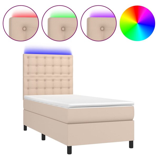 Krevet box spring madrac LED cappuccino 90x190cm umjetna koža - Smeđa / 90 x 190 cm