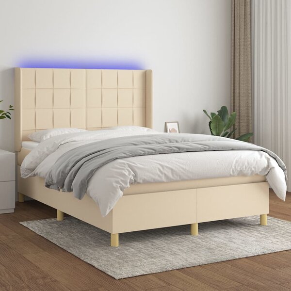 Krevet box spring s madracem LED krem 140x200 cm od tkanine - Krema / 140 x 200 cm