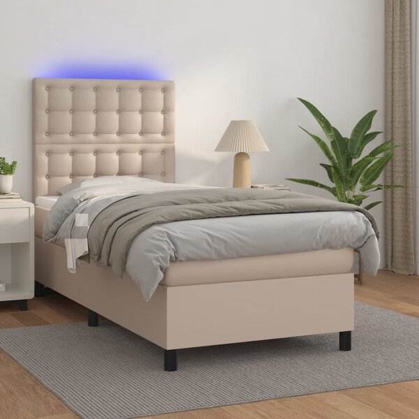 Krevet box spring madrac LED cappuccino 90x190cm umjetna koža - Smeđa / 90 x 190 cm