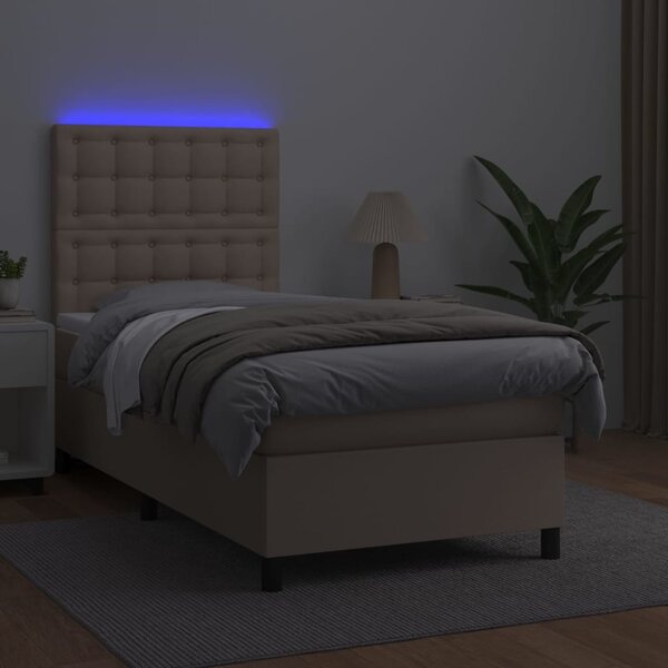 Krevet box spring madrac LED cappuccino 90x190cm umjetna koža - Smeđa / 90 x 190 cm