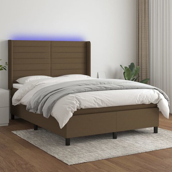 Krevet box spring s madracem LED tamnosmeđi 140x190 cm tkanina - Smeđa / 140 x 190 cm