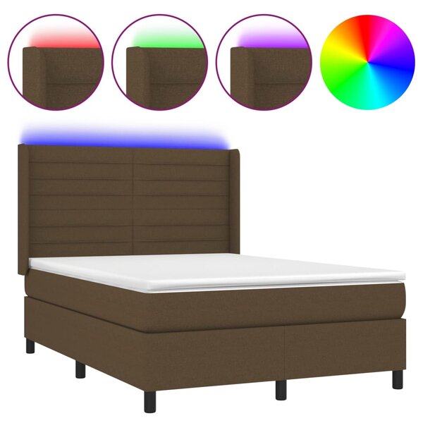 Krevet box spring s madracem LED tamnosmeđi 140x190 cm tkanina - Smeđa / 140 x 190 cm