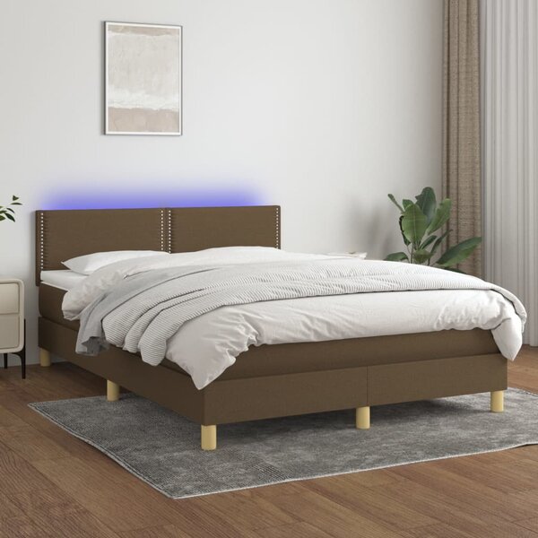 Krevet box spring s madracem LED tamnosmeđi 140x190 cm tkanina - Smeđa / 140 x 190 cm