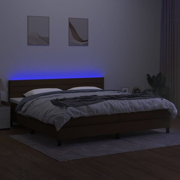 Krevet box spring s madracem LED tamnosmeđi 200x200 cm tkanina - Smeđa / 200 x 200 cm