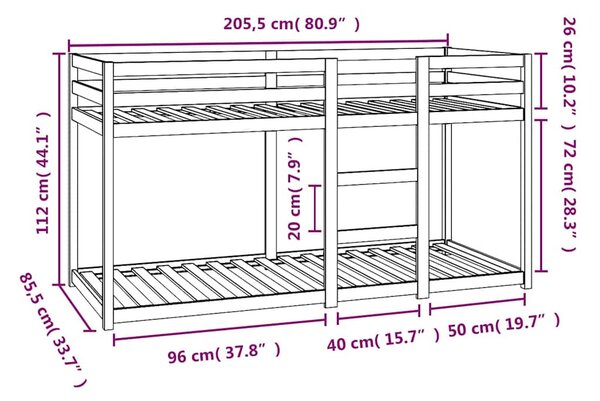 Krevet na kat bijeli 80 x 200 cm od masivne borovine - Bijela / 80 x 200 cm