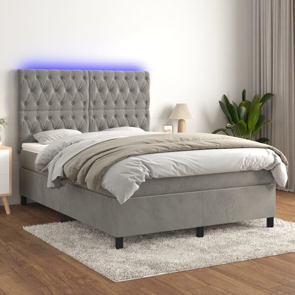 Krevet box spring s madracem LED svjetlosivi 140x190 cm baršun - Siva / 140 x 190 cm