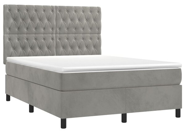Krevet box spring s madracem LED svjetlosivi 140x190 cm baršun - Siva / 140 x 190 cm