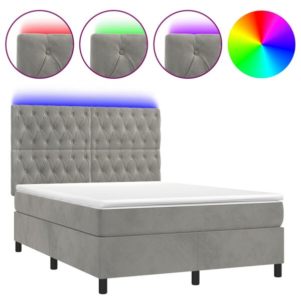 Krevet box spring s madracem LED svjetlosivi 140x190 cm baršun - Siva / 140 x 190 cm