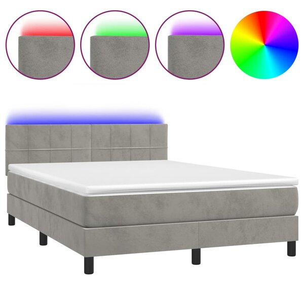 Krevet box spring s madracem LED svjetlosivi 140x190 cm baršun - Siva / 140 x 190 cm