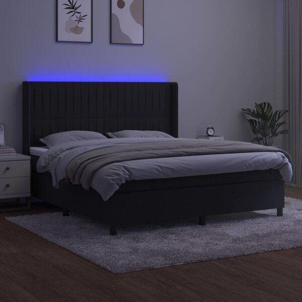 Krevet box spring s madracem LED crni 160x200 cm baršun - Crna / 160 x 200 cm