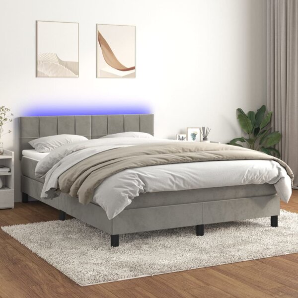Krevet box spring s madracem LED svjetlosivi 140x190 cm baršun - Siva / 140 x 190 cm
