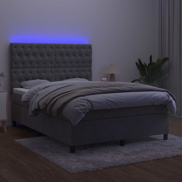 Krevet box spring s madracem LED svjetlosivi 140x190 cm baršun - Siva / 140 x 190 cm