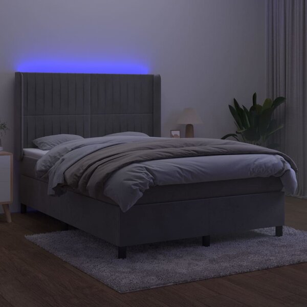 Krevet box spring s madracem LED svjetlosivi 140x200 cm baršun - Siva / 140 x 200 cm