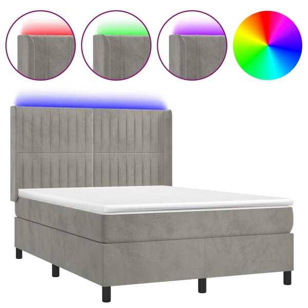Krevet box spring s madracem LED svjetlosivi 140x200 cm baršun - Siva / 140 x 200 cm