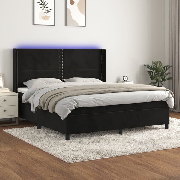 Krevet box spring s madracem LED crni 160x200 cm baršun - Crna / 160 x 200 cm