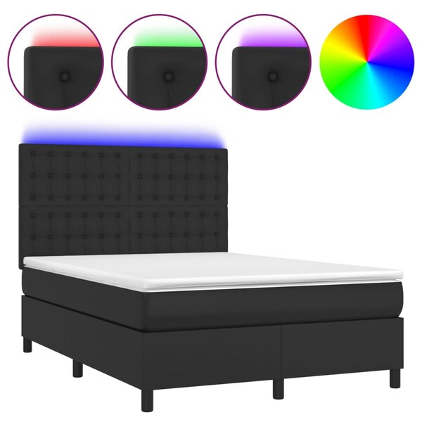 Krevet box spring s madracem LED crni 140x200cm od umjetne kože - Crna / 140 x 200 cm