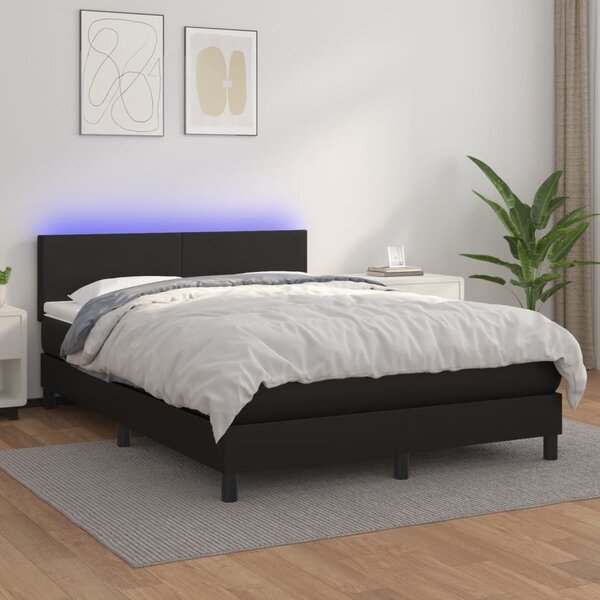 Krevet box spring s madracem LED crni 140x200cm od umjetne kože - Crna / 140 x 200 cm
