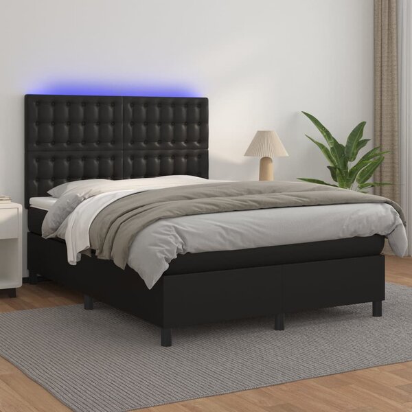 Krevet box spring s madracem LED crni 140x200cm od umjetne kože - Crna / 140 x 200 cm
