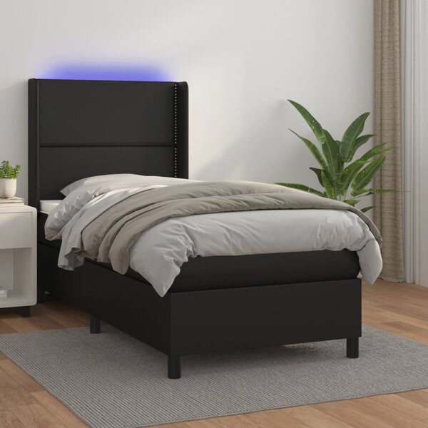 Krevet box spring s madracem LED crni 90x190 cm od umjetne kože - Crna / 90 x 190 cm