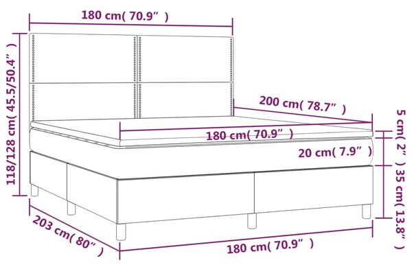 Krevet box spring s madracem LED smeđesivi 180x200 cm tkanina - Tupe / 180 x 200 cm