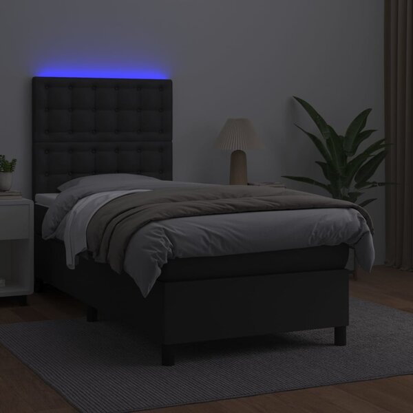 Krevet box spring s madracem LED crni 90x190 cm od umjetne kože - Crna / 90 x 190 cm