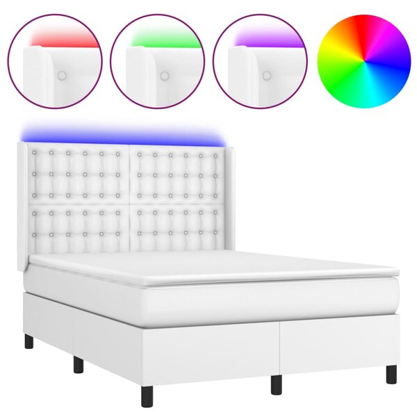 Krevet box spring s madracem LED bijeli 140x190 cm umjetna koža - Bijela / 140 x 190 cm