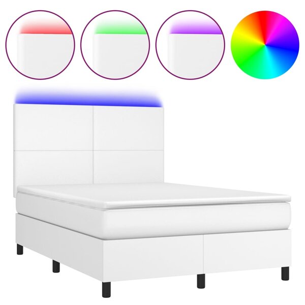 Krevet box spring s madracem LED bijeli 140x190 cm umjetna koža - Bijela / 140 x 190 cm