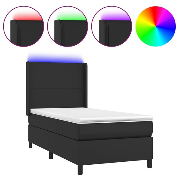 Krevet box spring s madracem LED crni 100x200cm od umjetne kože - Crna / 100 x 200 cm