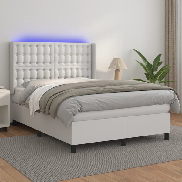 Krevet box spring s madracem LED bijeli 140x190 cm umjetna koža - Bijela / 140 x 190 cm