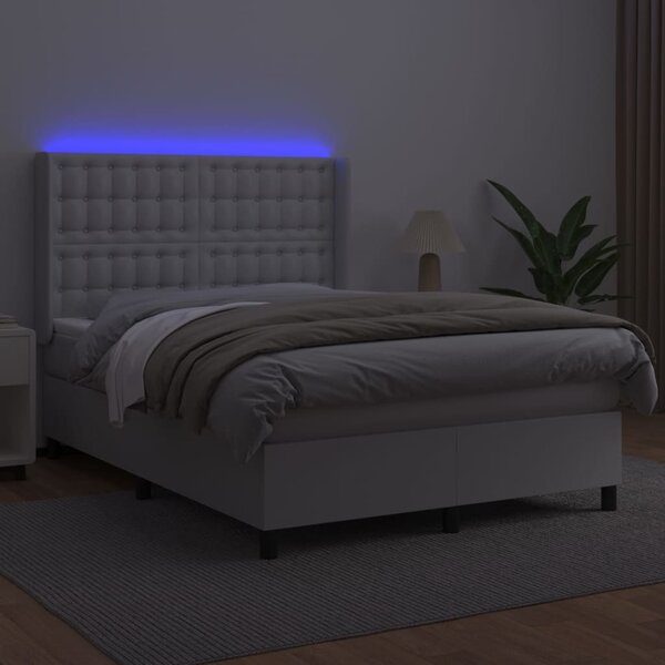 Krevet box spring s madracem LED bijeli 140x190 cm umjetna koža - Bijela / 140 x 190 cm