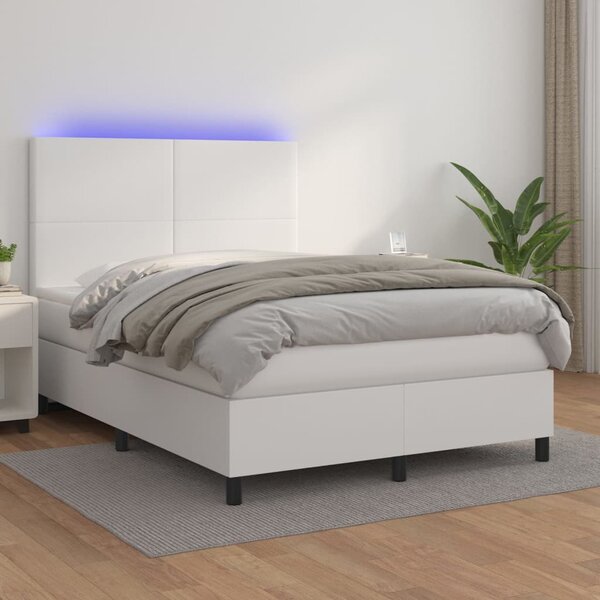 Krevet box spring s madracem LED bijeli 140x190 cm umjetna koža - Bijela / 140 x 190 cm