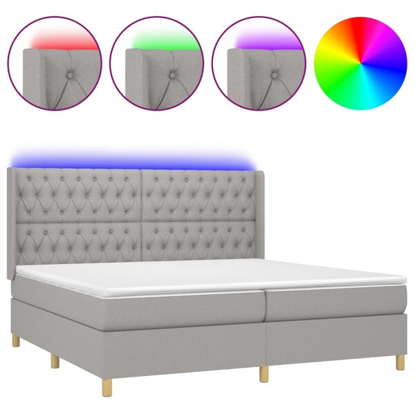 Krevet box spring s madracem LED svjetlosivi 200x200 cm tkanina - Siva / 200 x 200 cm