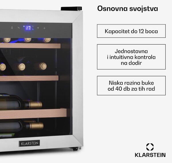 Klarstein Vintage 12 Uno, hladnjak za vino, 12 boca, 46l, 4-18 ° C, 40dB, staklo