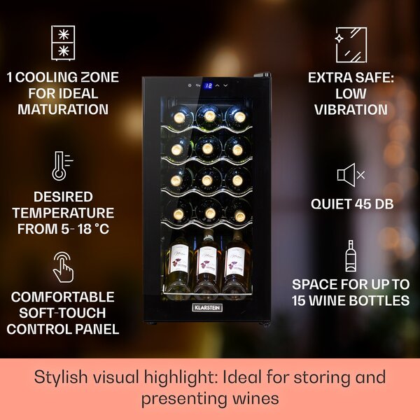Klarstein Shiraz 15 Slim Uno, hladnjak za vino, 44 L, touch screen, 135 W, 5 – 18 °C, crna