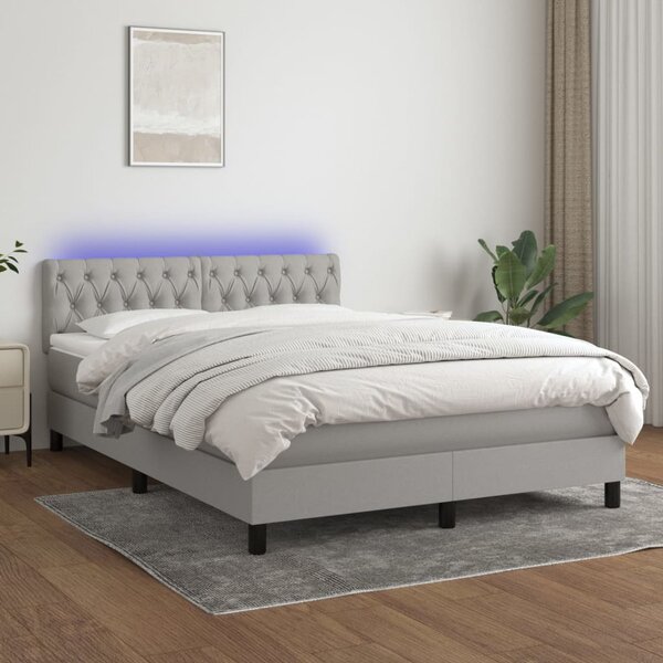 Krevet box spring s madracem LED svjetlosivi 140x190 cm tkanina - Siva / 140 x 190 cm