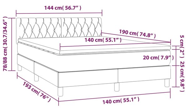 Krevet box spring s madracem LED svjetlosivi 140x190 cm tkanina - Siva / 140 x 190 cm