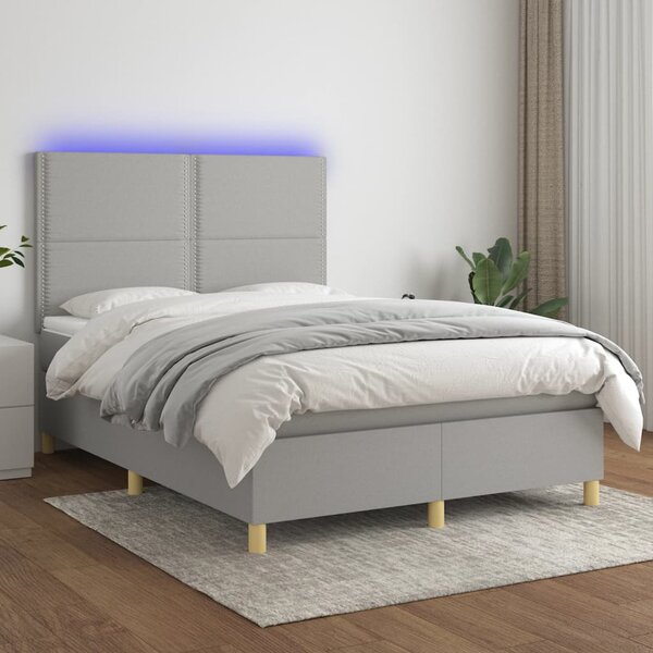Krevet box spring s madracem LED svjetlosivi 140x190 cm tkanina - Siva / 140 x 190 cm