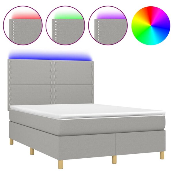 Krevet box spring s madracem LED svjetlosivi 140x190 cm tkanina - Siva / 140 x 190 cm
