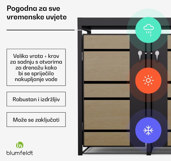 Blumfeldt BinSafe kutija za otpatke 3 kante 240L krov za sadnju od pocinčanog čelika otporan na vremenske uvjete koji se može zaključati