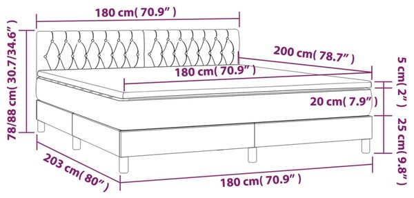 Krevet box spring s madracem LED svjetlosivi 180x200 cm baršun - Siva / 180 x 200 cm