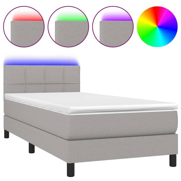 Krevet box spring s madracem LED svjetlosivi 90x190 cm tkanina - Siva / 90 x 190 cm