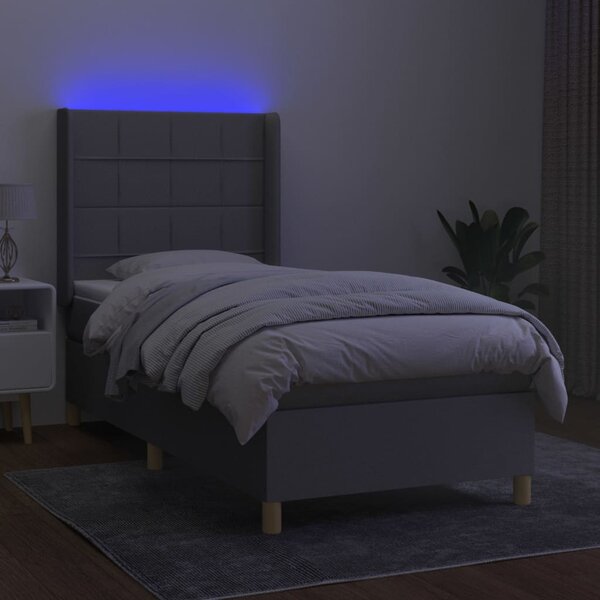 Krevet box spring s madracem LED svjetlosivi 90x190 cm tkanina - Siva / 90 x 190 cm
