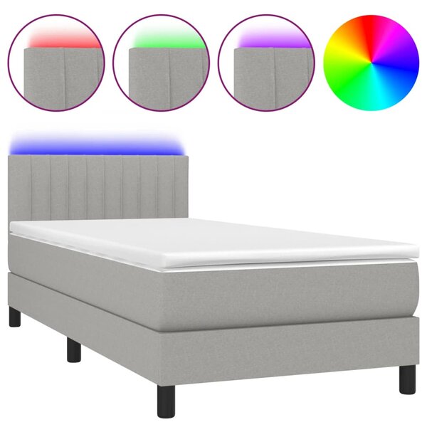 Krevet box spring s madracem LED svjetlosivi 90x200 cm tkanina - Siva / 90 x 200 cm