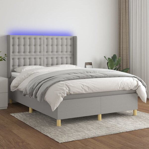 Krevet box spring s madracem LED svjetlosivi 140x200 cm tkanina - Siva / 140 x 200 cm
