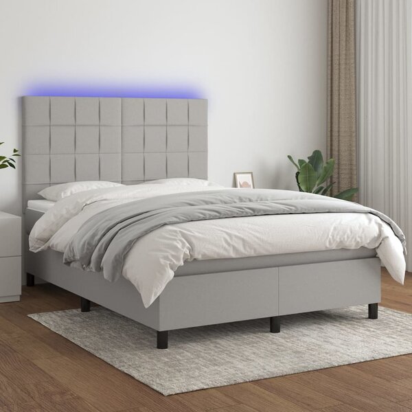 Krevet box spring s madracem LED svjetlosivi 140x200 cm tkanina - Siva / 140 x 200 cm
