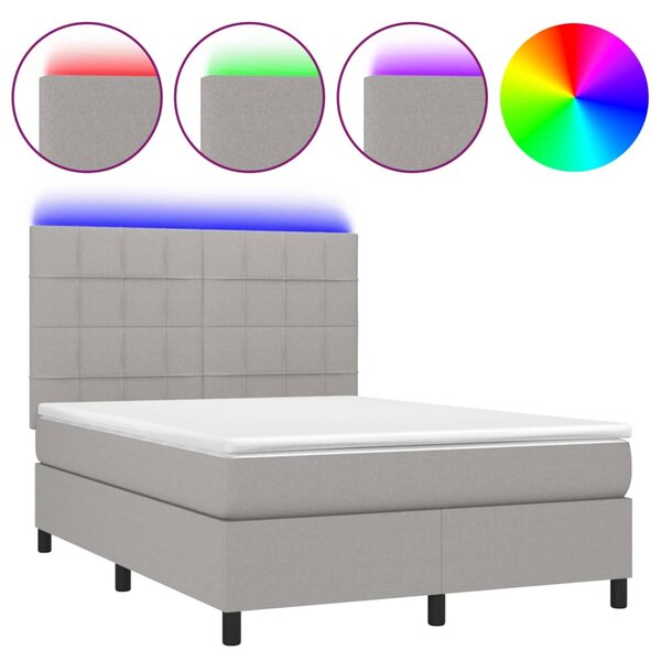 Krevet box spring s madracem LED svjetlosivi 140x200 cm tkanina - Siva / 140 x 200 cm