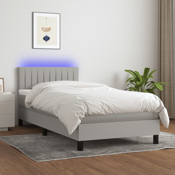 Krevet box spring s madracem LED svjetlosivi 90x200 cm tkanina - Siva / 90 x 200 cm