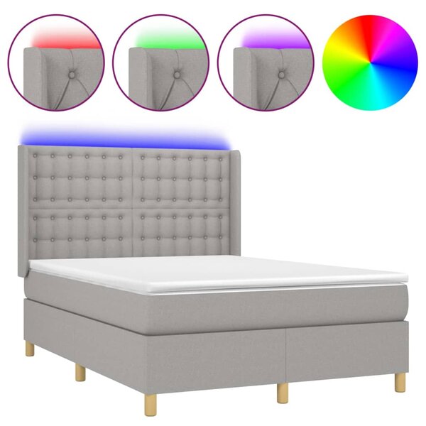 Krevet box spring s madracem LED svjetlosivi 140x200 cm tkanina - Siva / 140 x 200 cm