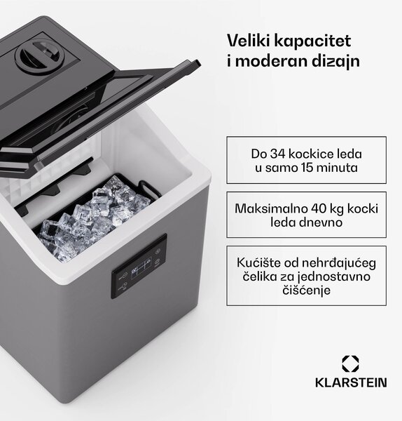 Klarstein FrostMaster, ledomat, 40 kg kockica leda dnevno, kućište od nehrđajućeg čelika, LED zaslon, uključujući i lopaticu za led