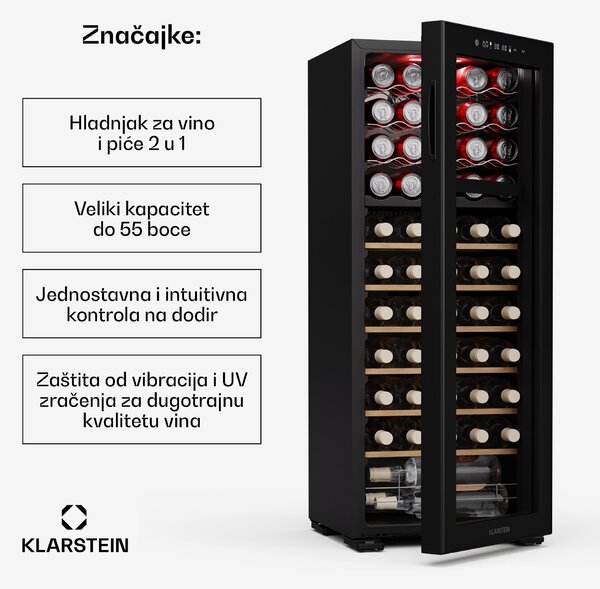 Klarstein Bovella 55 Duo+ hladnjak za vino, 2 u 1, 55 boca, 2 zone, 9 polica, Upravljanje dodirom